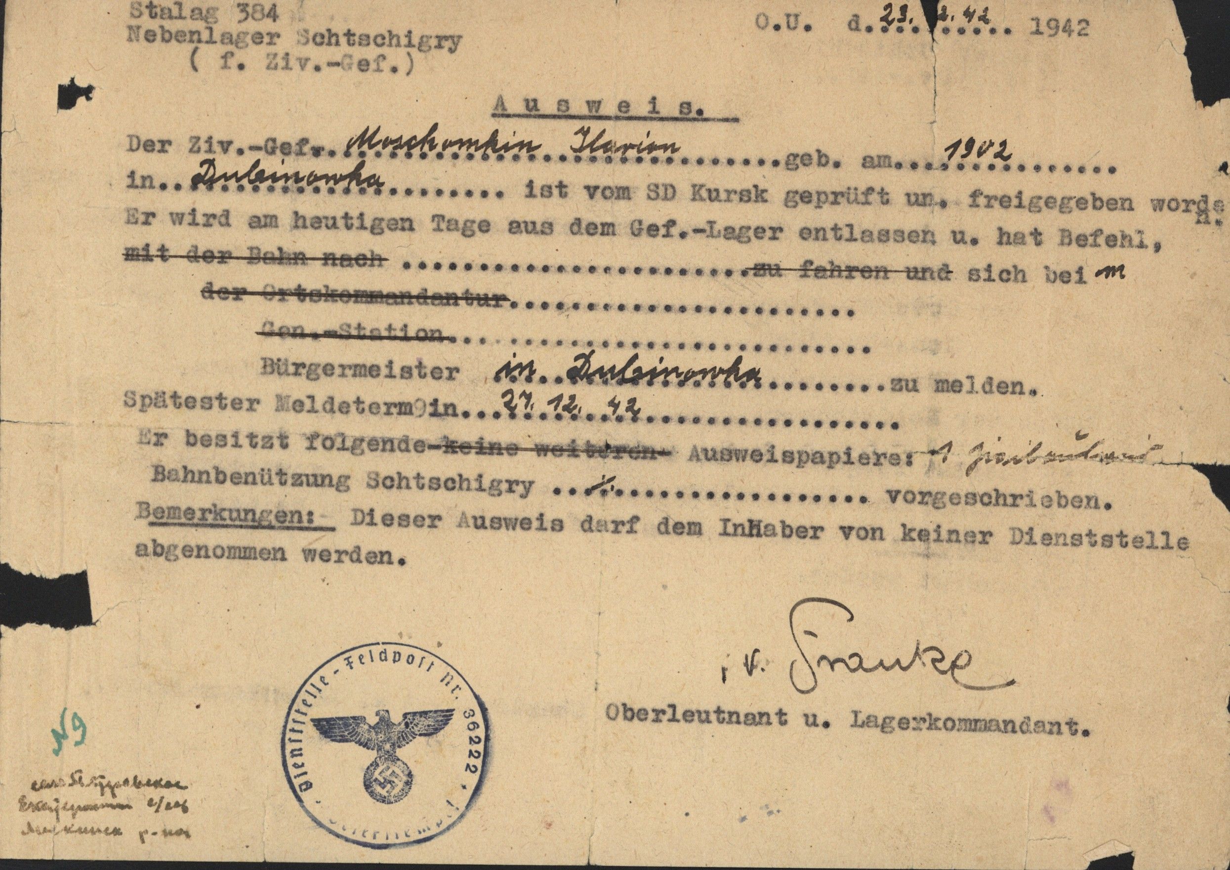 Пропуск, выданный немецкими оккупационными властями.